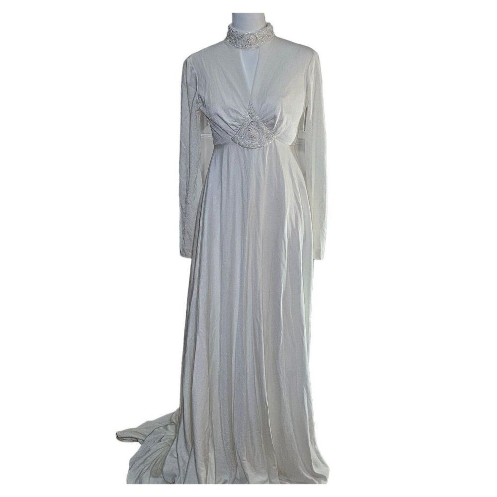 Vintage 70s Wedding Dress Womens Size XS White Sequins Long Maxi Train Romantic